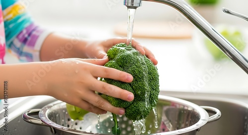 Hands Washing Broccoli Under Running Tap Water for Healthy Eating Prep