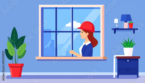 Woman in a hardhat looking through a window in a stylized room, with furniture and plants