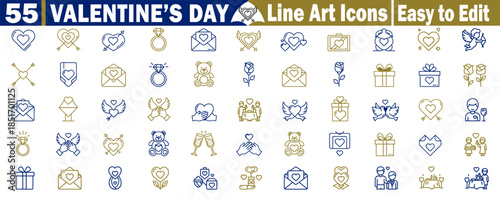 Valentine's day line art icons, easy to edit, love, romance, wedding, hearts, dating, anniversary vector illustration.