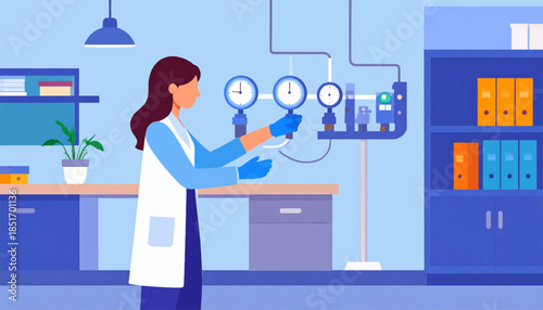 Woman in a lab coat adjusts a gauge in a laboratory setting, with equipment, desk, and cabinets shown
