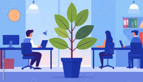 Stylized office space with employees, desks, computers and a large potted plant, in shades of blue, green and orange
