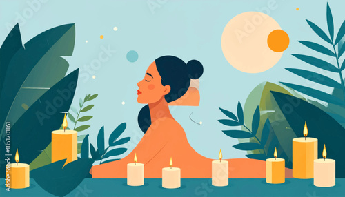 Woman in a serene, botanical scene with warm light from candles and a pale blue backdrop with plants