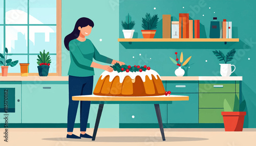 Woman in a teal kitchen decorating a ring cake with red berries and green foliage, flat illustration style