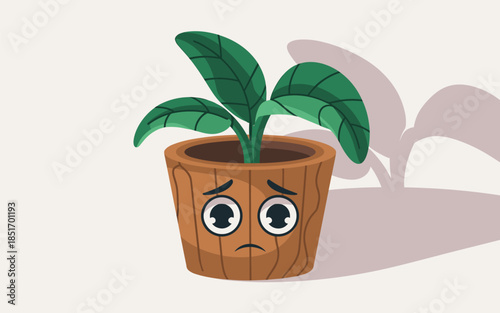 A frowning cartoon plant in a pot with large eyes and green leaves is illustrated on a plain background.