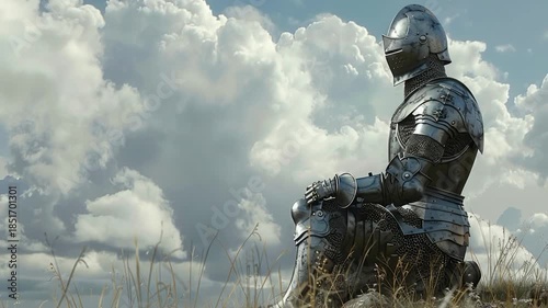 Video A person wearing medieval armor sits in a green field