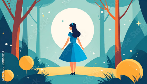 Woman in blue dress stands in whimsical, stylized forest with a large moon backdrop, minimal detail and bright colors