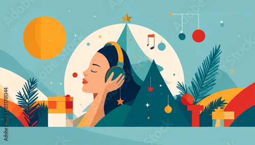 Woman in headphones with gifts and Christmas tree in a serene, artistic style on a light blue background