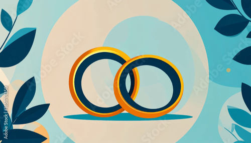 Stylized, painterly illustration with gold wedding rings and blue botanical elements on a pastel backdrop