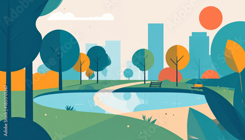 Stylized park scene with a pond and path, featuring trees, buildings, and benches in bright, flat colors