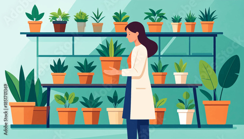 Woman in lab coat holds potted plant in greenhouse with shelves of potted plants against aqua background in illustration