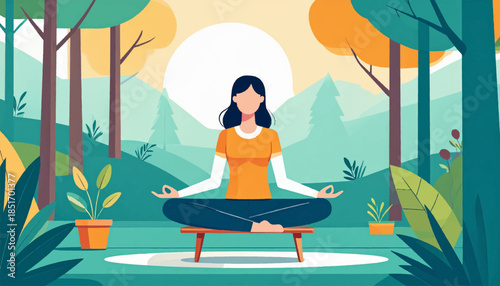 Woman in lotus pose on a bench in a stylized forest scene, with trees and a mountain backdrop under a bright sun
