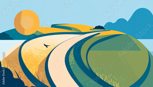 Stylized pastoral vista featuring curving road, fields, sun, bird, and blue sky