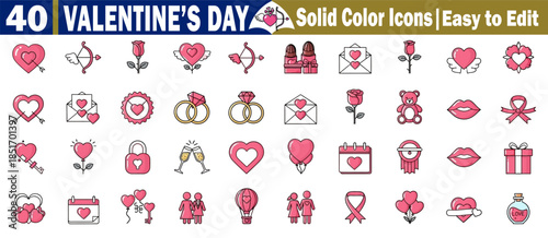 Valentine's Day solid color icons, easy to edit, love romance, wedding hearts, dating anniversary, vector illustration.