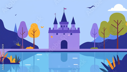 Stylized purple castle reflects in still water surrounded by trees and hills under a light blue sky