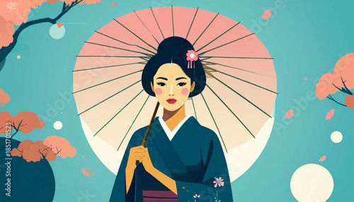 Woman in traditional clothing stands holding an umbrella against a scenic backdrop