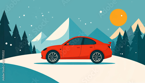 Stylized red car sits in snow before stylized trees, mountains, sun and falling snow on blue background