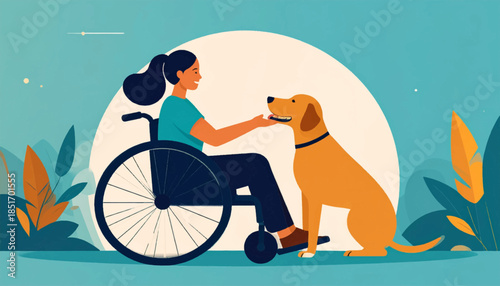 Woman in wheelchair petting a dog against a blue & plant backdrop, stylized illustration, minimal detail