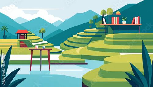 Stylized rice terraces landscape with two tables and mountains in the background