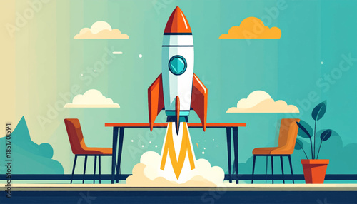 Stylized rocket launch inside a room with furniture and a sky background, depicting progress