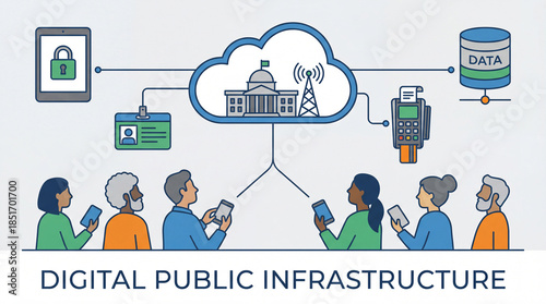  Digital public infrastructure government technology modernization illustrating cloud computing connectivity data management cybersecurity citizen services digital transformation smart city innovation