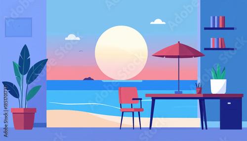 Stylized room overlooking sunset beach, featuring desk, plant, chair, and books, rendered in flat, cartoonish design