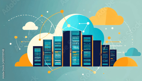 Stylized server rack illustration with cloud shapes, interconnected nodes, and light blue background