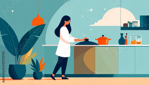 Woman in kitchen, cooking, with plants and a shelf, simple art-style illustration, light background, and cozy atmosphere