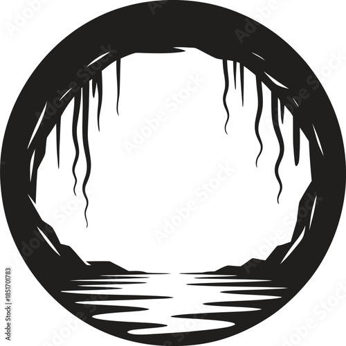 Cave entrance silhouette vector, underground cavern lake icon, dark nature landscape isolated on white background