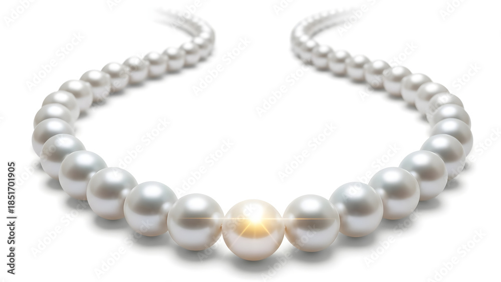 Obraz premium Elegant Pearl Necklace with a Glowing Central Bead Isolated on White Background for Jewelry and Luxury Fashion Concepts