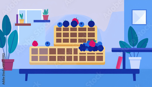 Stylized room with plants, window, waffles topped with berries on a table, using a blue color palette