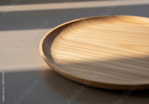 Minimalist round wooden plate with elegant light and shadow interplay