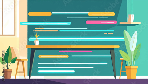 Stylized room with table, chair, plants, & abstract wall art in teal, orange, pink, and yellow with purple floor