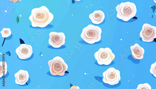 Stylized rose pattern on light blue, with scattered leaves and dots for added detail