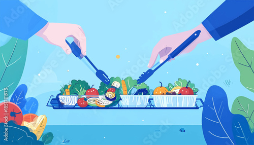 Stylized salad with tongs, veggies, and fruits, against a blue background with plant elements