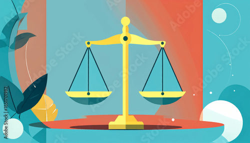 Stylized scales of justice illustration with leafy foliage in soft teal, salmon, & yellow hues