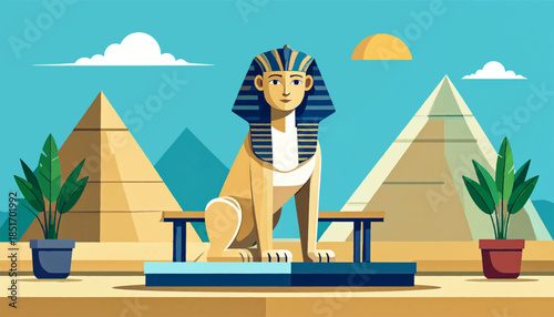 Stylized Sphinx with pyramids and plants, set under a bright sky, in a blocky, cartoon illustration style