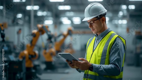 Industrial worker wearing safety helmet and reflective vest using tablet inside automated factory floor