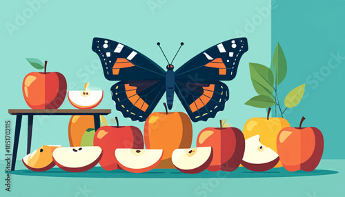 Stylized still life with apples, slices, table, and a butterfly on teal background with painterly textures