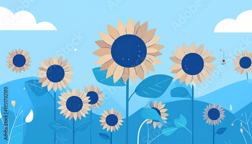 Stylized sunflowers with blue centers populate a landscape under a sunny sky with fluffy white clouds