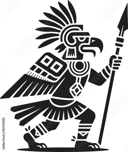 Geometric tribal eagle warrior silhouette vector, ancient aztec style fighter icon isolated on white background