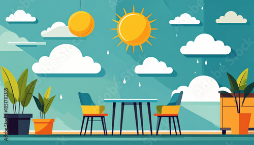 Stylized sunny patio scene with table, chairs, plants, and clouds in a whimsical, flat design with soft, dreamy lighting