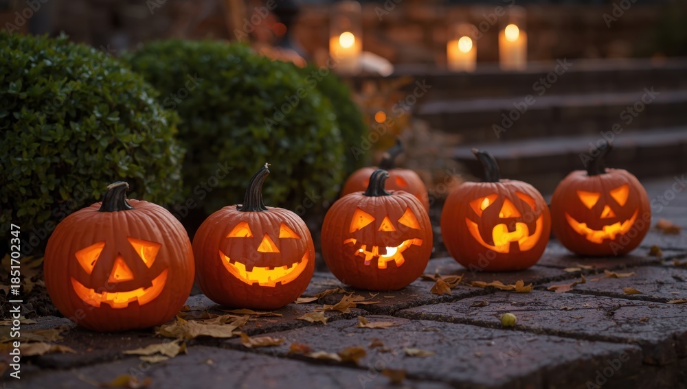 Fototapeta premium Jack olantern pumpkins glowing on steps with candles for halloween celebration