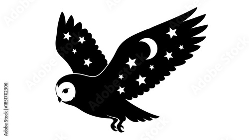 Stylized silhouette of a nocturnal owl with wings spread, adorned with stars and a crescent moon, symbolizing wisdom and the night sky