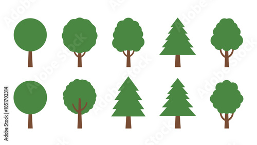 Collection of various stylized trees, including deciduous and coniferous types, set against a white background