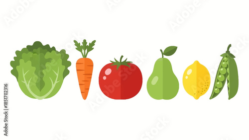 Assortment of fresh, healthy vegetables and fruits arranged in a line, showcasing a variety of produce