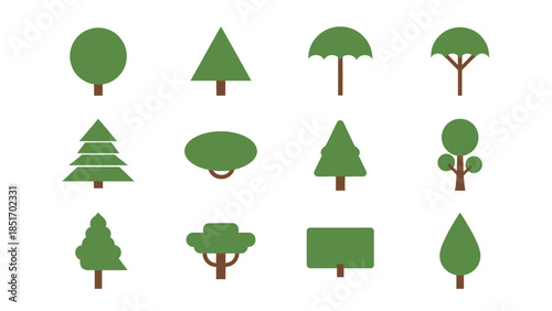 Collection of various stylized tree icons, representing different species and shapes in a flat design style