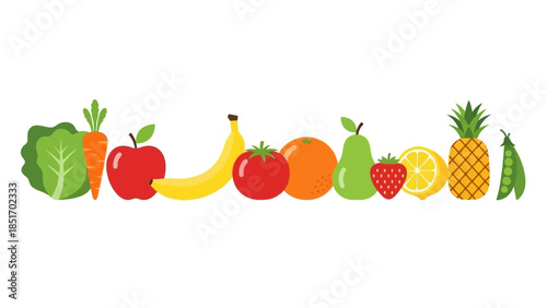 A vibrant collection of fresh fruits and vegetables, including lettuce, carrot, apple, tomato, orange, strawberry, lemon, pear, pineapple, and peas, arranged in a colorful line