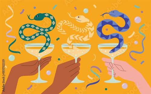 Celebration scene with hands holding glasses containing drinks and decorative snakes, surrounded by vibrant party elements and confetti.