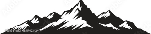 Mountain range silhouette vector, alpine landscape horizon icon, rocky peaks isolated on white background
