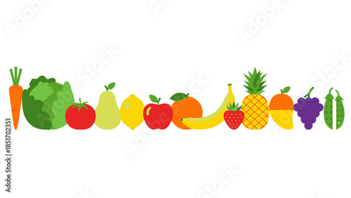 Colorful assorted fruits and vegetables arranged in a horizontal line on a white background, vibrant produce for healthy eating